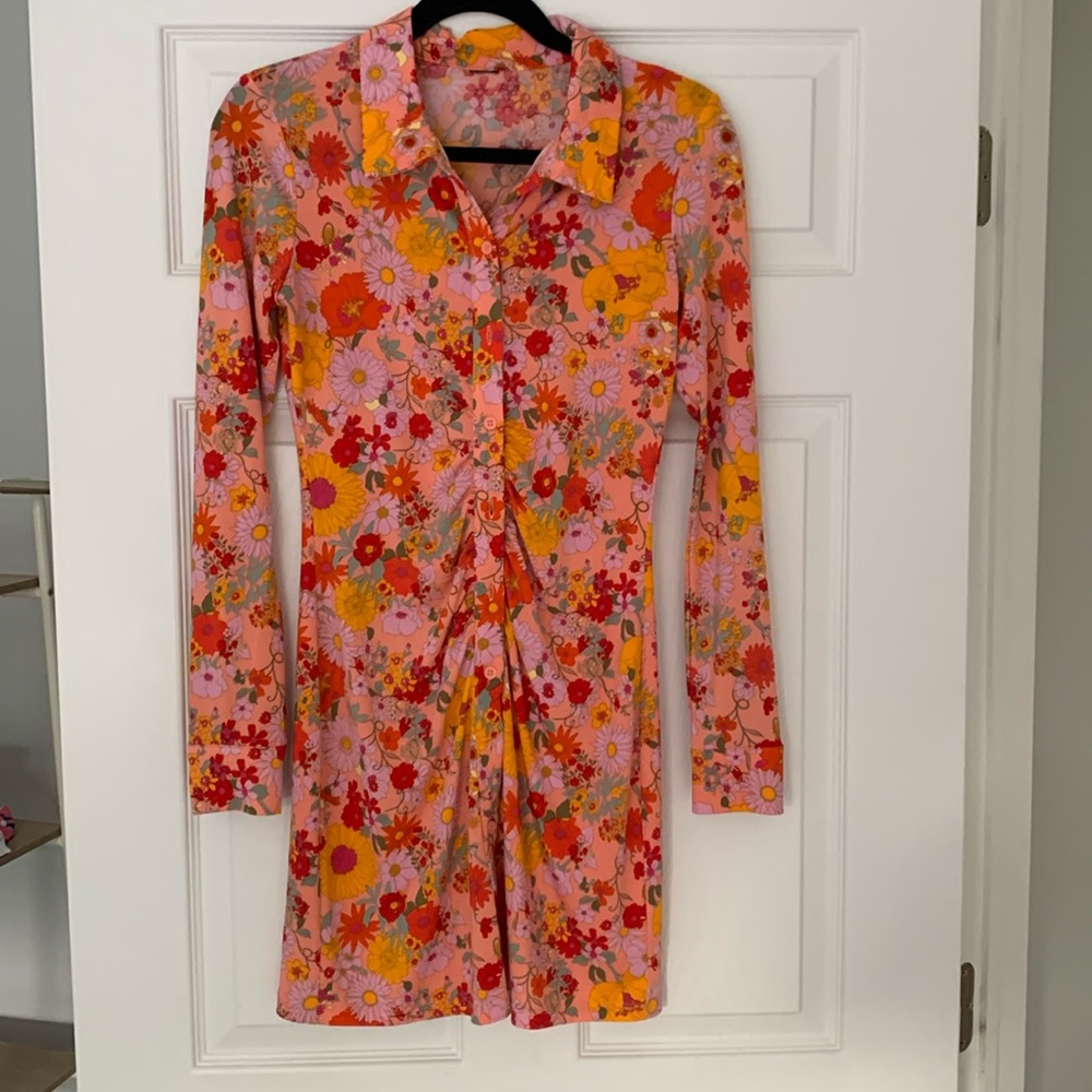 1960s Hippie Colorful Floral Print Long Sleeve Dress